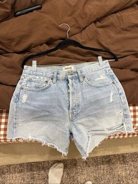 Parker Long Agolde Light Blue Distressed High-Rise Denim Shorts